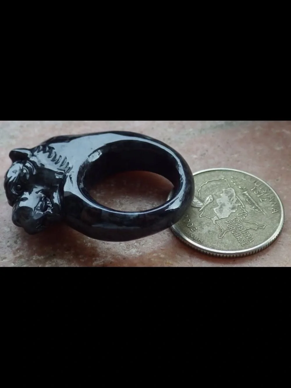 Certificate JADEITE Jade carved black Tiger luck good fortune ring size 7.75
